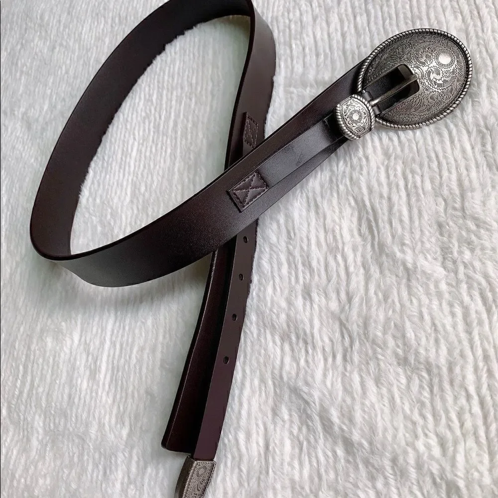 Vintage Style Genuine leather Belt with Floral Engraved Pattern Buckle